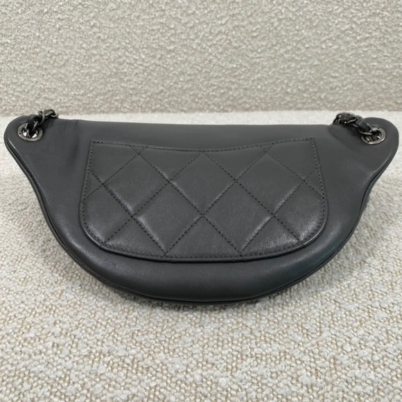 Authentic Chanel Grey Calfskin Leather Three-tone Metal Chain Signs Waist Bag - Picture 2 of 12